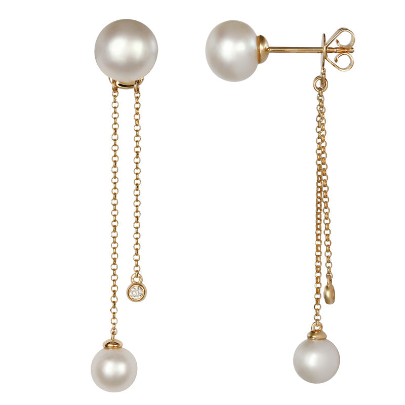 Dangling Pearl Diamond Bezel Earrings.