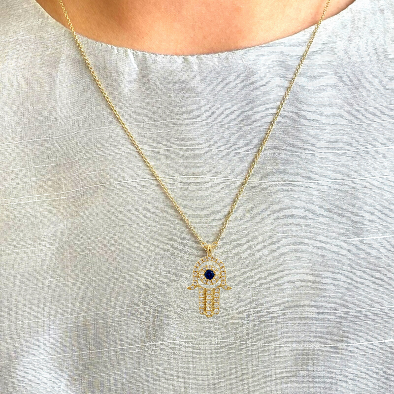 Diamond Sapphire Hamsa Hand Necklace.