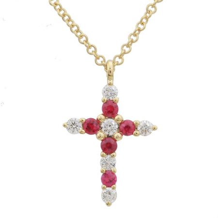 14k Yellow Gold Ruby Diamond Cross Pendant Necklace (1/10 Carat)