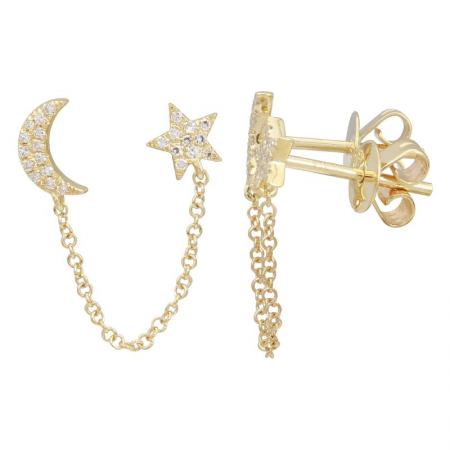 14k Yellow Gold Diamond Moon Star Double Stud Earrings (1/10 Carat)