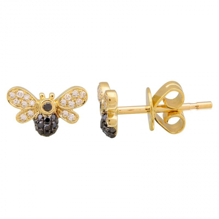 14k Yellow Gold White Black Diamond Bee Stud Earrings (1/6 Carat)