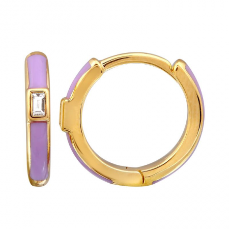 14k Yellow Gold Diamond Lavender Enamel Hoop Earrings, 11mm Diameter