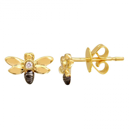 14k Yellow Gold Black Rhodium Diamond Bee Stud Earrings (1/20 Carat)
