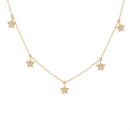 14k Yellow Gold Diamond Star Charms Station Pendant Necklace, 16-18"