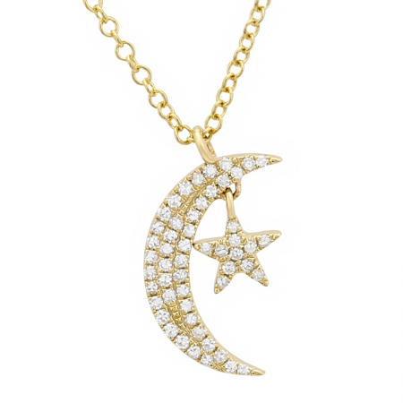 14k Yellow Gold Diamond Moon Star Pendant Necklace (1/10 Carat)