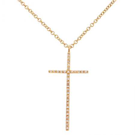 14k Yellow Gold Diamond Cross Pendant Necklace (1/20 Carat), 16-18"