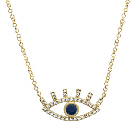 14k Yellow Gold Sapphire Diamond Eye Pendant Necklace (1/8 Carat)