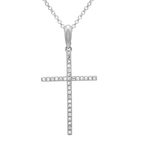 14k White Gold Diamond Thin Cross Pendant Necklace (1/20 Carat)