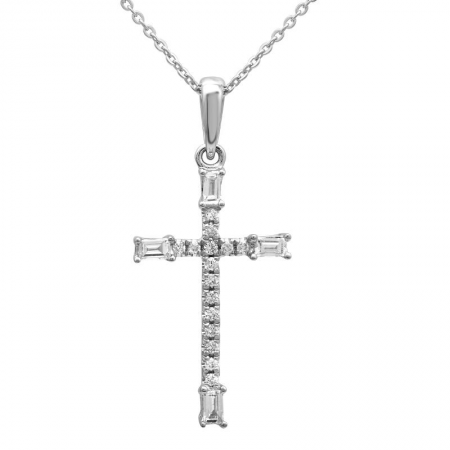 14k White Gold Baguette Diamond Cross Pendant Necklace (1/10 Carat)