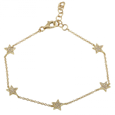 14k Yellow Gold Diamond Stars Charm Bracelet (1/10 Carat), 6-7"