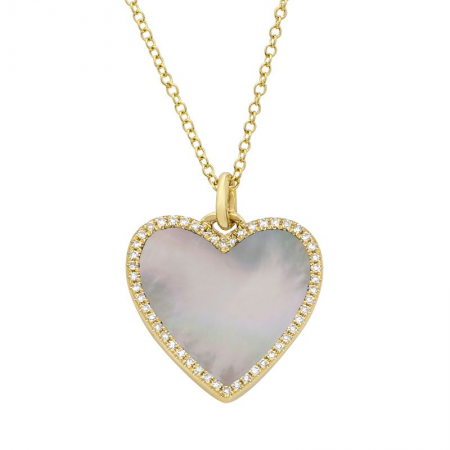 14k Yellow Gold Diamond Mother Of Pearl Heart Pendant Necklace, 16-18"