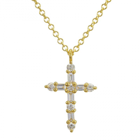14k Yellow Gold Baguette Diamond Cross Pendant Necklace (1/10 Carat)
