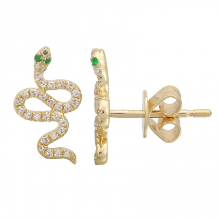 14k Yellow Gold Diamond Tsavorite Snakes Stud Earrings (1/10 Carat)