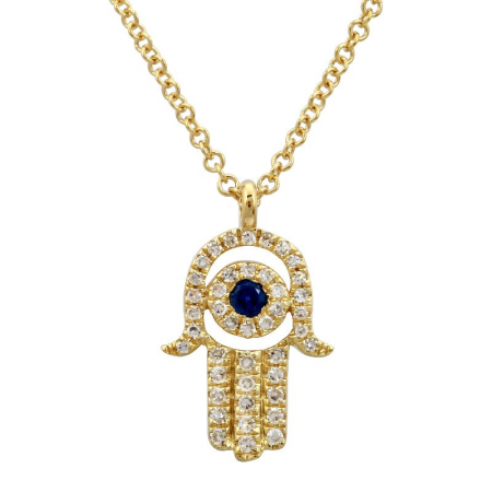 14k Yellow Gold Diamond Sapphire Hamsa Pendant Necklace (1/10 Carat)