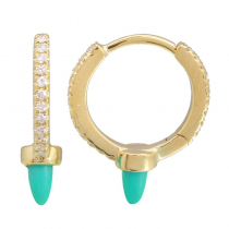 14k Yellow Gold Diamond Turquoise Tear Drop Hoop Earrings (1/10 Carat)