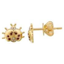 14k Yellow Gold Diamond Ruby Ladybug Stud Earrings (0.03 Carat)